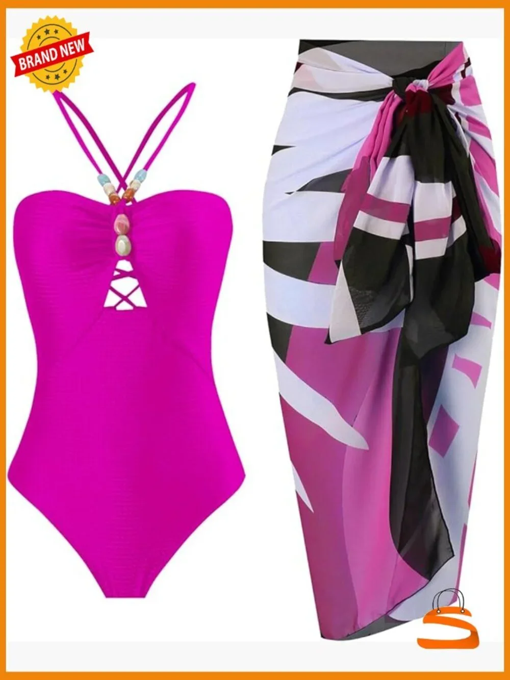 Women One-Piece Swimsuit with Wrap Skirt Cover Up Sarong Set